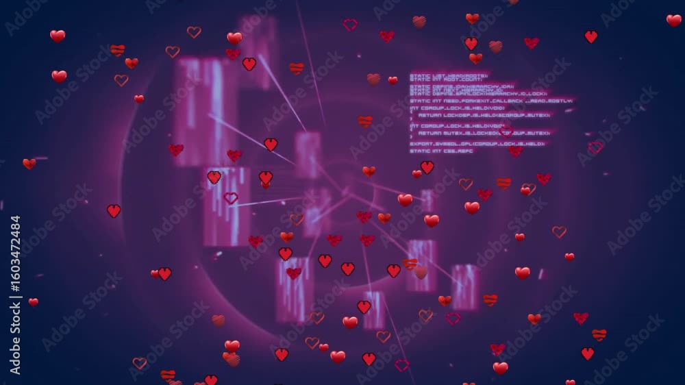 Poster neon lines rising from center linking data panels while hearts spiraling showing network growth