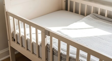 A close-up view of a clean, white crib with a soft blanket, bathed in gentle sunlight, suggesting a peaceful nursery setting.