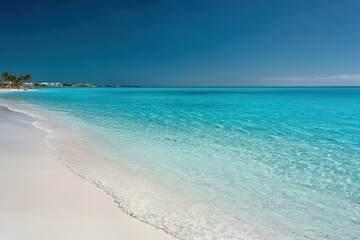 Obraz premium Calm waves gently lapping against pristine white sand on a sunny summer day, creating a serene atmosphere in a tropical paradise