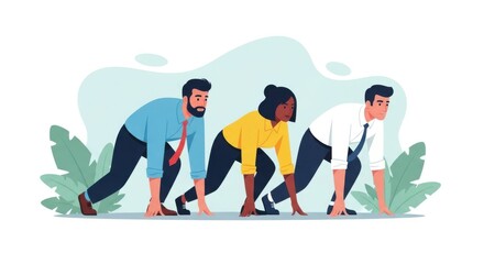 Three diverse business professionals in athletic stances ready to start a race on a light blue background with green foliage