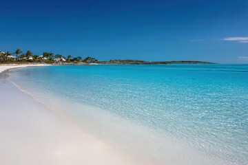 Breathtaking view of turquoise water meeting pristine white sand beach on a sunny day in the Bahamas