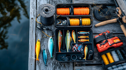 Fishing tackle box and lures on a wooden dock.