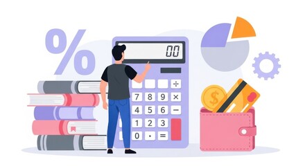 A man uses a calculator next to a stack of books a wallet with money and a credit card and a pie chart symbolizing financial education and management