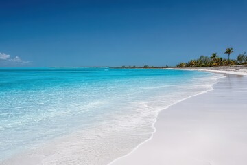 Fototapeta premium Breathtaking view of idyllic tropical beach with turquoise water, white sand, and palm trees under a clear blue sky, inviting relaxation and escape