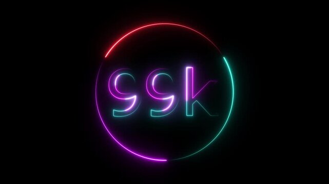 Glowing neon 99K text animation on black background. Celebration neon circle and number 99K with black color Background Loop Animation. Glowing neon line 99k Ultra HD icon isolated.