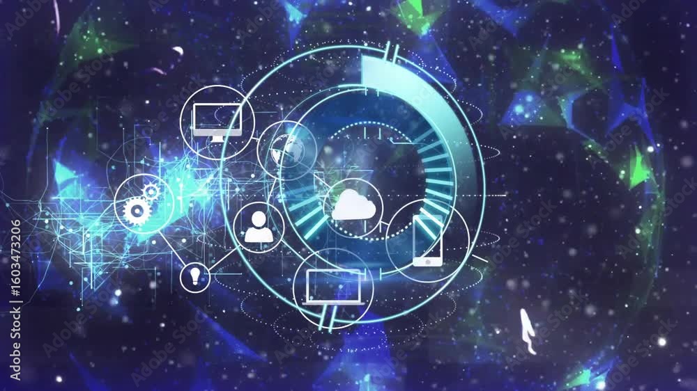 Poster after loading interface central ring rotating around cloud icon, connecting icons to show data flow