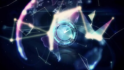 Clock hand ticking, nodes clustering, shards forming globe, hand catching globe to show network - Powered by Adobe