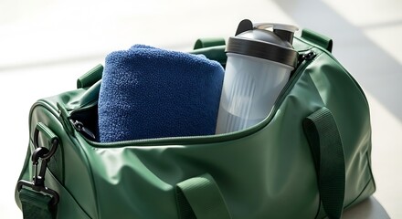 Green gym bag packed with a blue towel and protein shaker ready for a workout.