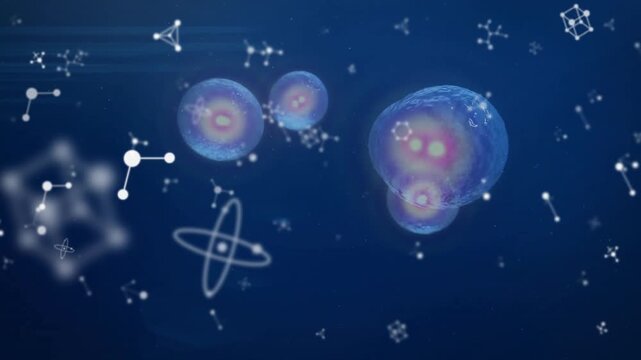 Frame one starting glowing sphere pulsing, drifting orbs simulating molecular flow with white icons