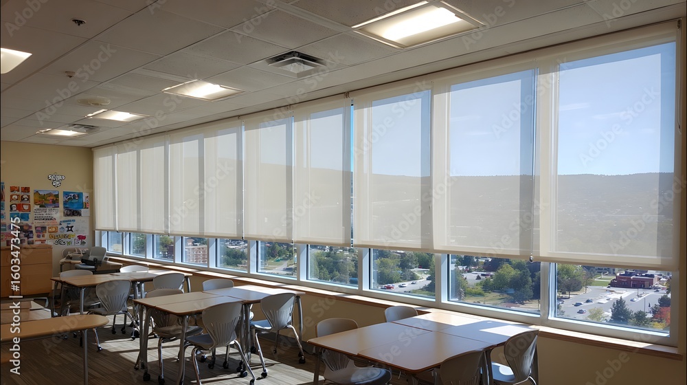 Poster light-filtering window shades in a classroom setting.