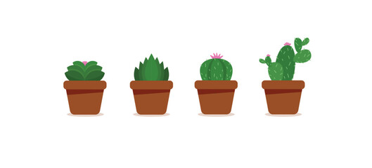 Set of Cactuses. Desert plant, Mexican cacti flower, succulent. Cartoon decorative gardening cactus, home plants, summer Mexico nature plants. Vector flat set. Exotic botanical spiny elements