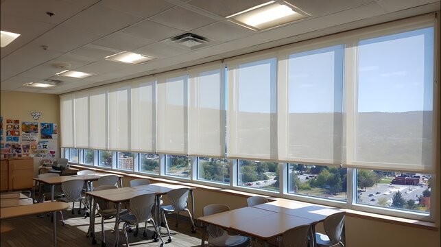 Light-filtering window shades in a classroom setting.
