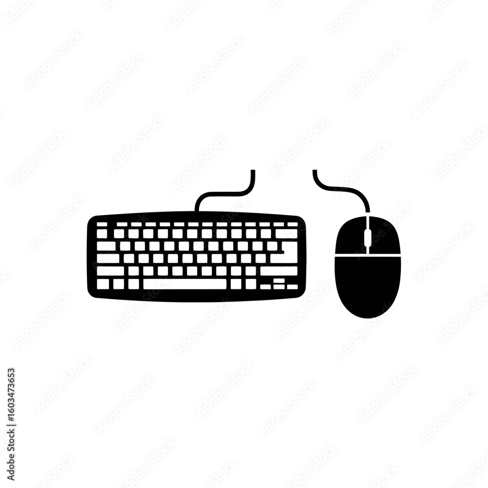 Poster a black and white illustration of a keyboard and mouse computer peripherals on white background