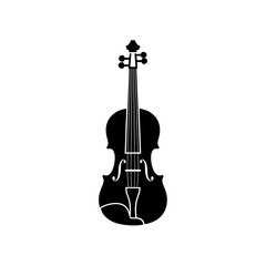 A black and white illustration of a violin a stringed musical instrument on white background