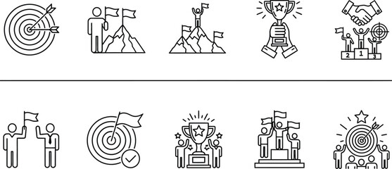 Fototapeta premium Vector art of a set of line art icons depicting success, achievement, and leadership, showcasing targets, flags, trophies, and teamwork