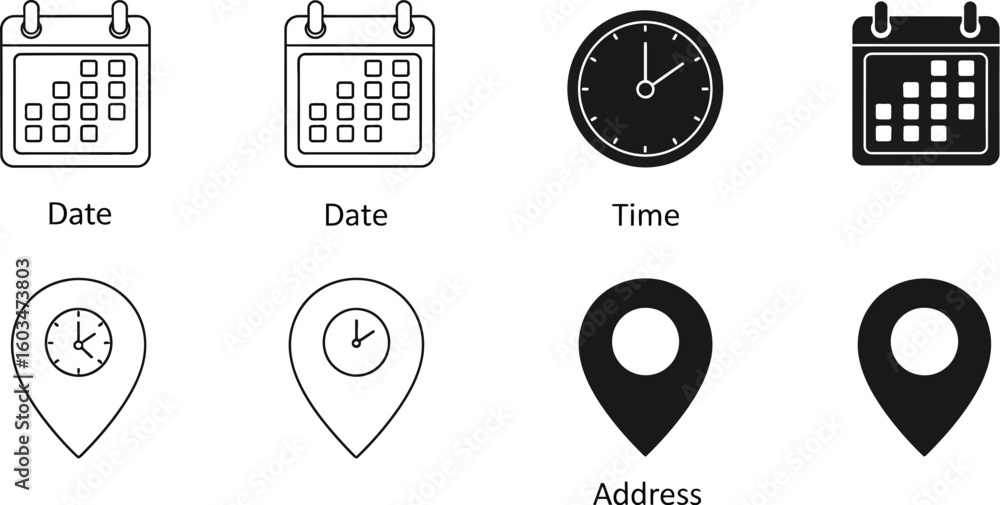 Aufkleber vector art of a set of date, time, and address icons isolated on white background, representing cale