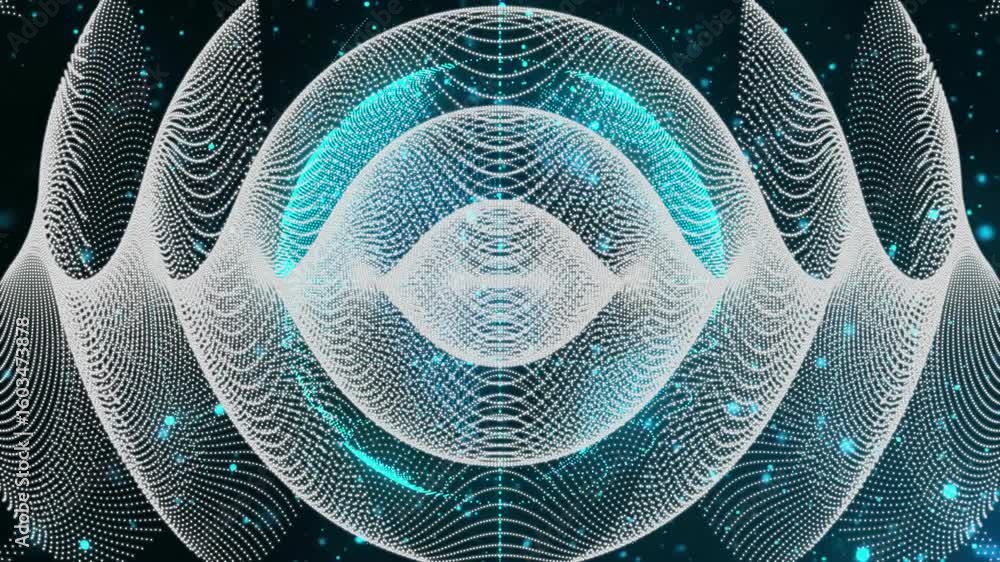 Poster white dot ring mesh appearing, pulsing and rotating while glowing cyan for visualizing digital flow