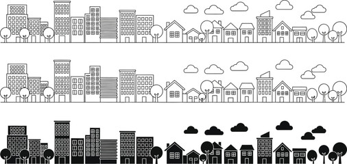 Vector art of a cityscape illustration shows a row of buildings, houses, trees, and clouds in a simple, minimalist design