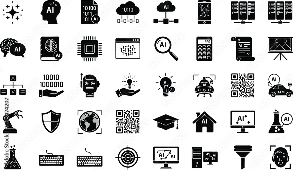 Poster vector art of collection of artificial intelligence icons representing various aspects of ai technol