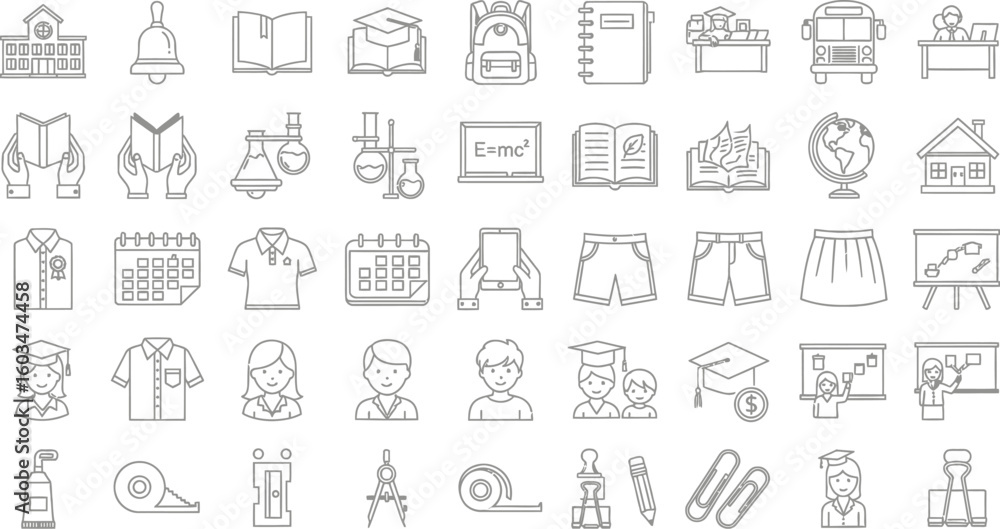 Aufkleber vector art of a comprehensive set of line icons representing various aspects of school and education