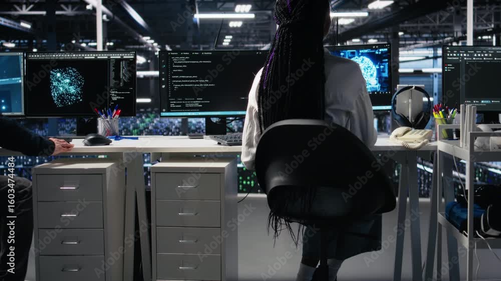 Poster data center female programmer using machine learning algorithms to analyze datasets. african america