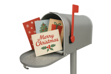 Festive christmas cards spilling from vintage mailbox, white background highlighting holiday correspondence