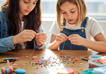 Two young girls, approximately 8-12 years old, focus intently on threading colorful beads onto strings, engaging in a creative craft