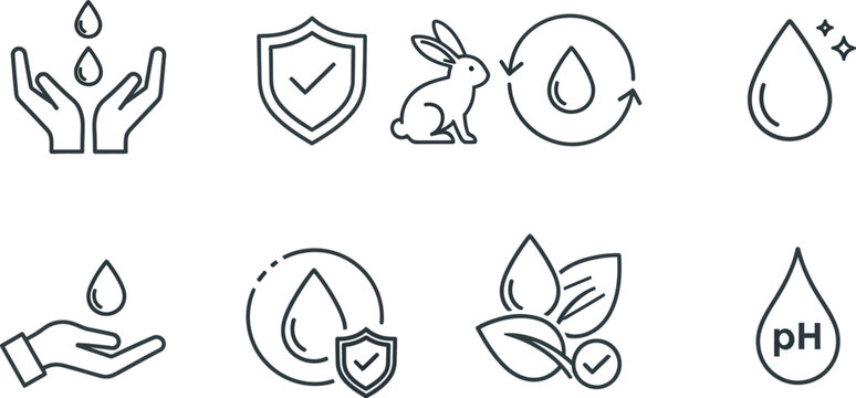 Vector art of a collection of line icons representing crueltyfree, dermatologically tested, and hypoallergenic products isolated on white background