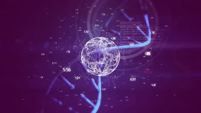 Frame-one starting wireframe sphere pulsing with numeric values drifting to indicate live data flow