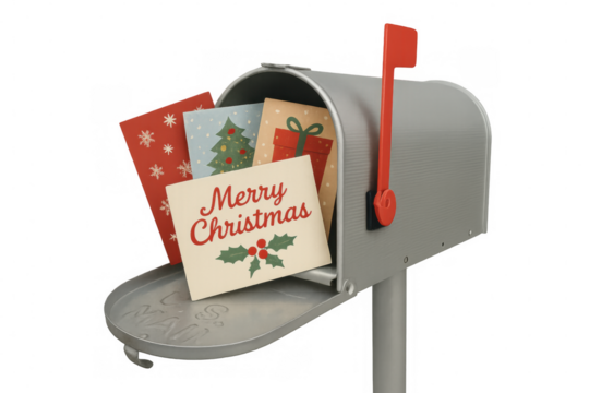 Festive christmas cards spilling from vintage mailbox, white background highlighting holiday correspondence