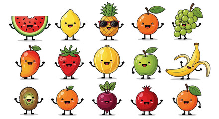 Naklejka premium A cheerful collection of cartoon fruits with smiling faces, arms raised, including watermelon, lemon, pineapple, orange, grapes, mango, strawberry, melon, ap...