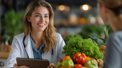 Nutritionist Consultation: A smiling nutritionist shares dietary guidance with a patient, surrounded by a vibrant display of fresh produce.