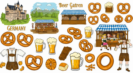 Beer Garden Elements Illustration &ndash; Oktoberfest Drinks and Snacks