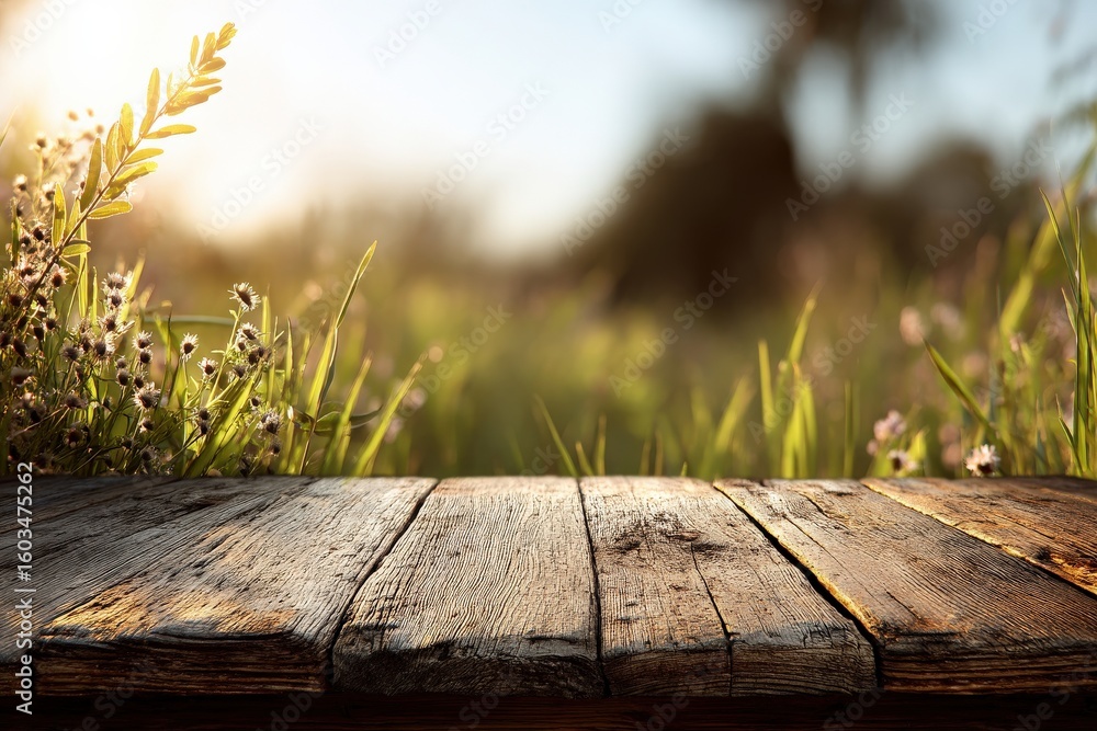 Aufkleber empty wooden table top with blurred spring background with grass meadow and sun rays in the morning,