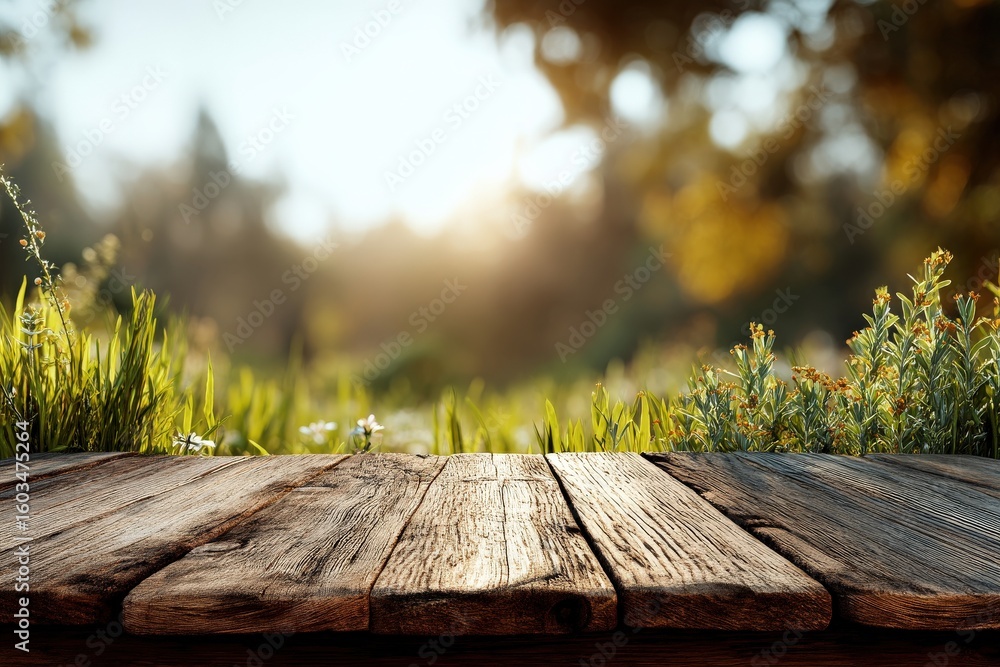 Poster empty rustic wood desk for product display presentation with blurred spring background, grass meadow