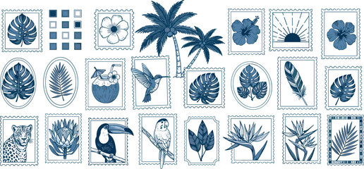 Tropical summer elements in frames. Exotic geometric pattern. Jungle nature sticker set.
