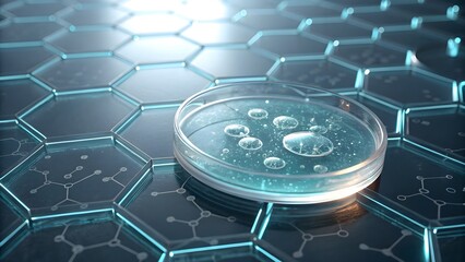 Glowing petri dish with serum overlay and hexagon grid