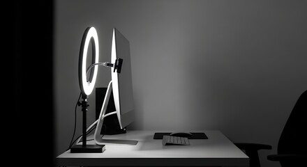A ring light illuminates a computer setup on a desk in a dark room.