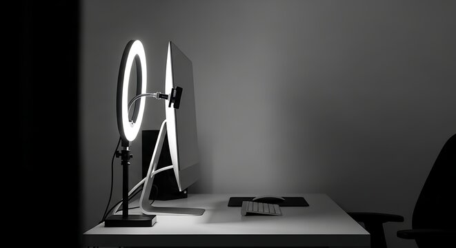 A ring light illuminates a computer setup on a desk in a dark room.