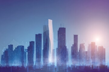 Fototapeta premium Illuminated cityscape featuring abstract digital connections and futuristic skyscrapers bathed in a cool blue and purple gradient light