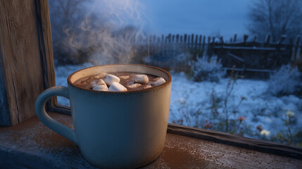 Cozy mug of steaming hot chocolate with marshmallows on a windowsill overlooking a cold winter scene