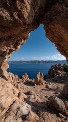 Stunning seascape viewed through a natural rock arch on the coast