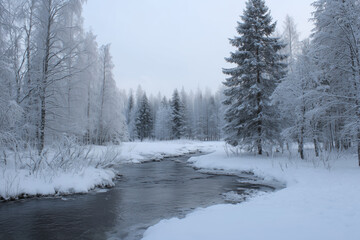 Winter landscape of a river flowing through a snow-covered forest in Finland