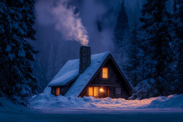 Warm and cozy A frame cabin with glowing windows and smoking chimney in a deep snowy forest at night