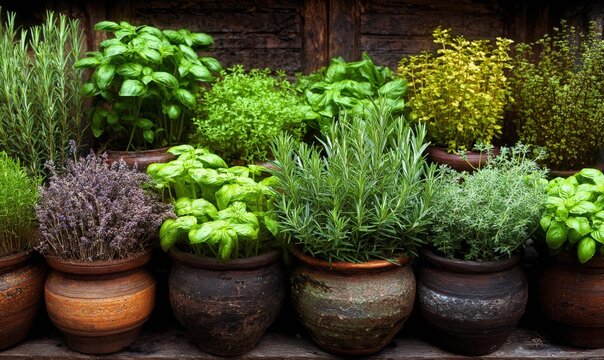 Vibrant collection of potted herbs and plants growing outdoors on rustic brick wall background for gardening and urban greenery enthusiasts