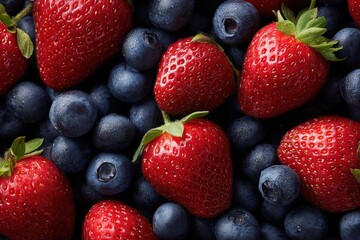 Obraz premium Close-up of Fresh Juicy Strawberries and Blueberries with Vibrant Red and Blue Colors on a Dark Background for Healthy Fruit Snack or Summer Food Theme