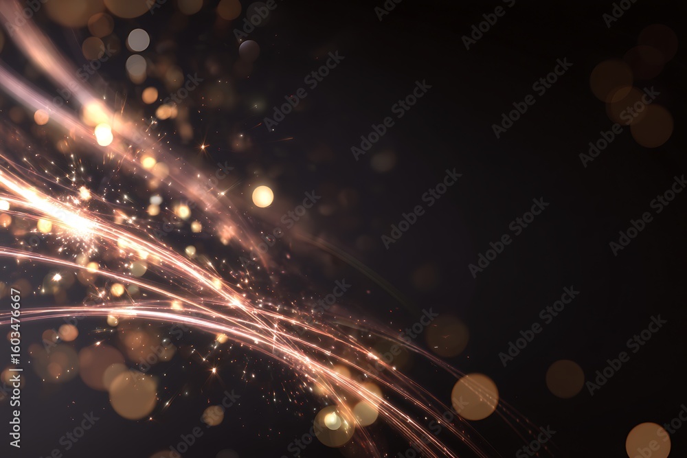 Poster elegant abstract glittering light streaks and bokeh particles on a dark background creating a festiv