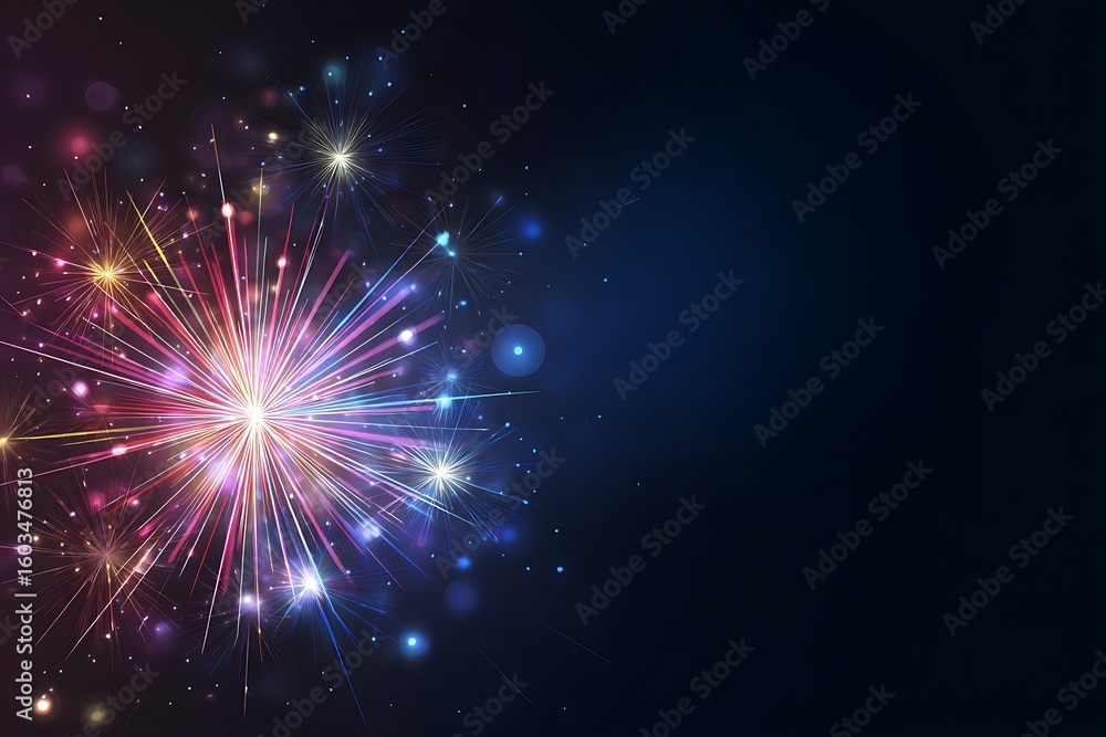 Poster abstract exploding light burst with glittering particles and bokeh effects on a dark deep blue gradi