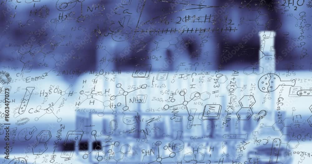 Poster camera shifting focus through formula-covered glass showing test tubes flask for lab display