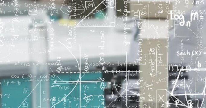 Equations and diagrams drifting into view then fading over blurred workbench to visualize research